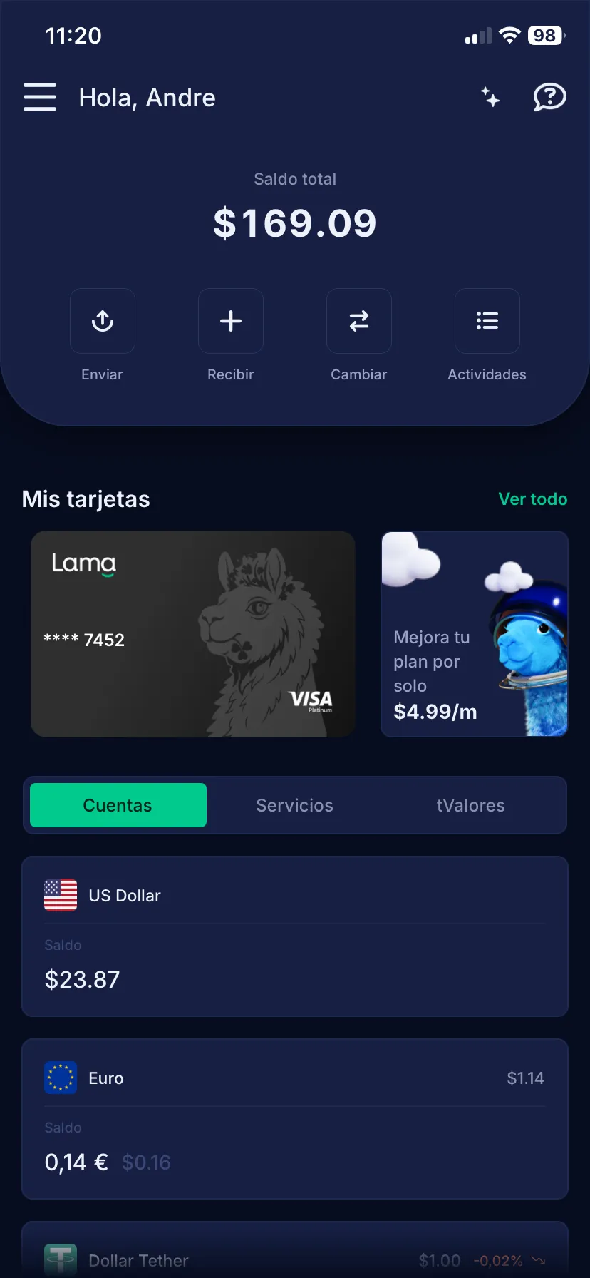 App Lama — pantalla de inicio (modo oscuro)
