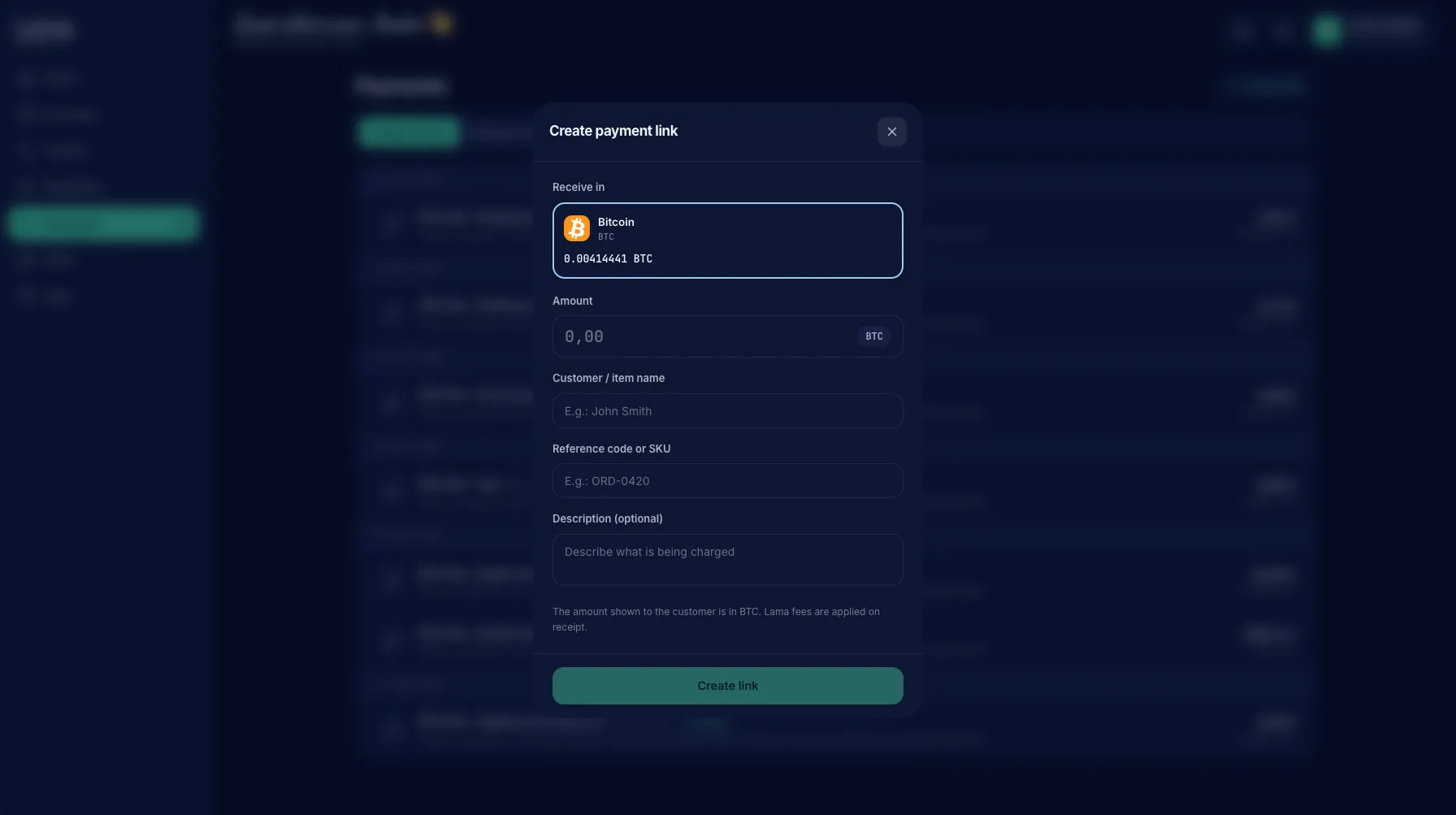 Crear payment link — panel de Lama Business (pantalla real)